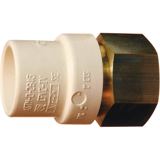 Threaded Pipe Adapter, Hub x FPT, 1-1/4" Dia., Brass/CPVC