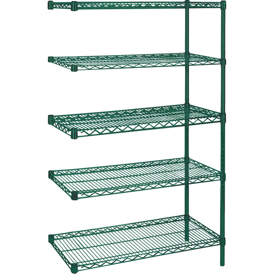 Heavy-Duty Green Epoxy Finish Wire Shelving, Add-On Kit, 5 Tiers, 72" W x 86" H x 18" D