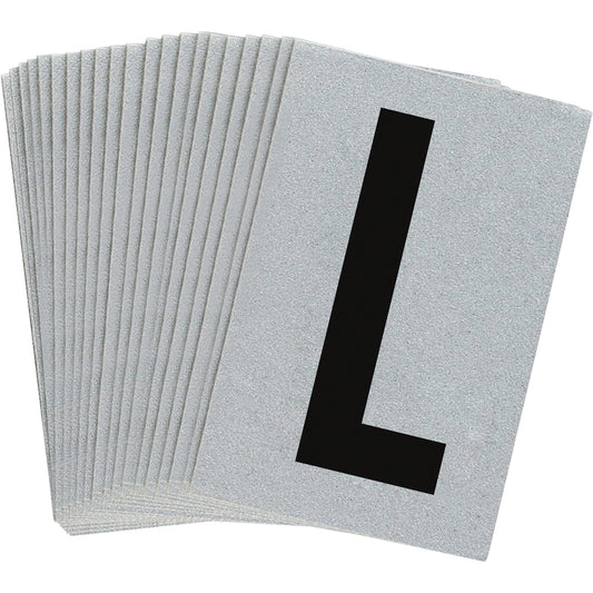 Brady Reflective Individual Number and Letter Labels, L, 1" H, Black on Silver