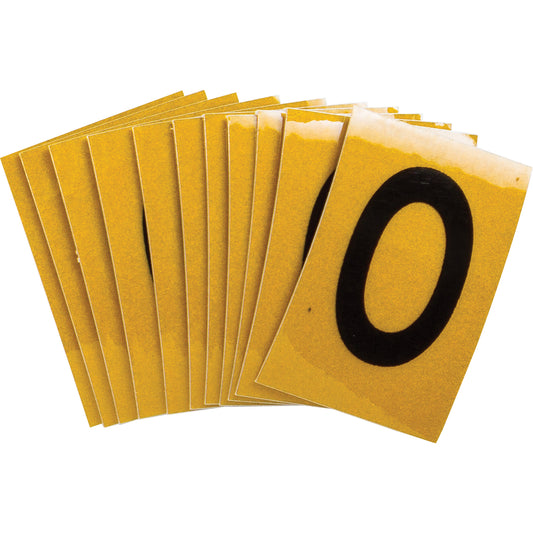 Brady Reflective Individual Number and Letter Labels, 0, 1" H, Black on Yellow