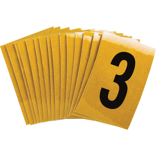 Brady Reflective Individual Number and Letter Labels, 3, 1" H, Black on Yellow