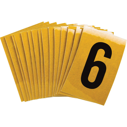 Brady Reflective Individual Number and Letter Labels, 6, 1" H, Black on Yellow