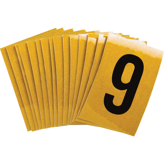 Brady Reflective Individual Number and Letter Labels, 9, 1" H, Black on Yellow