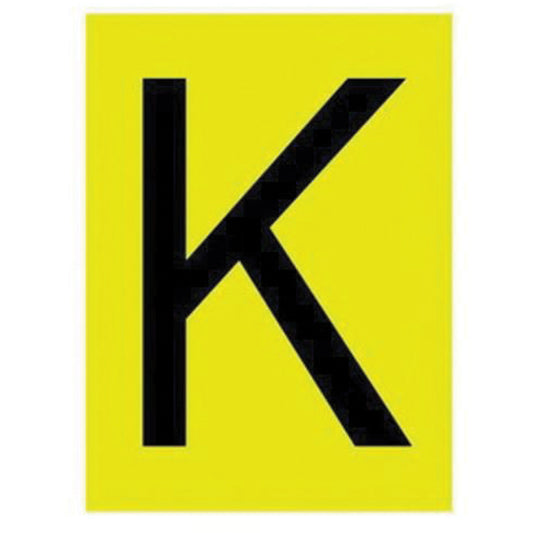 Brady Reflective Individual Number and Letter Labels, K, 1" H, Black on Yellow