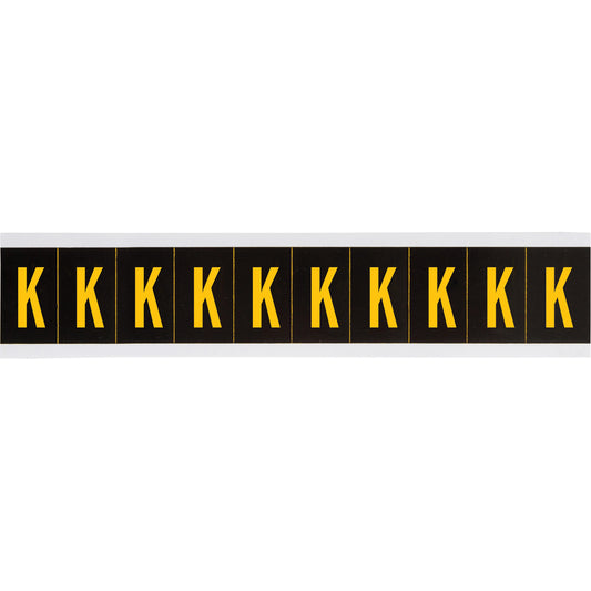 Brady Individual Number and Letter Labels, K, 2" H, Yellow on Black