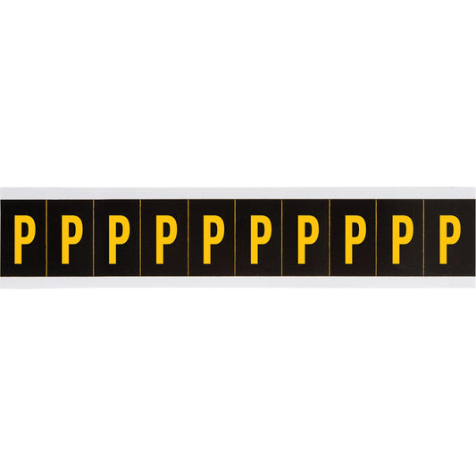 Brady Individual Number & Letter Labels, P, 2" H, Yellow on Black