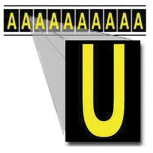 Brady Individual Number & Letter Labels, U, 2" H, Yellow on Black