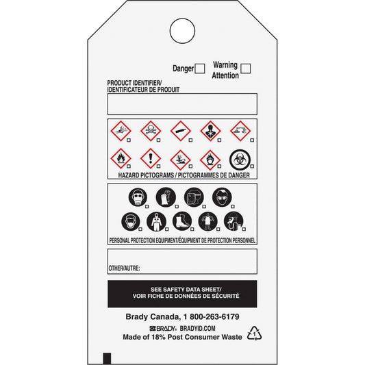 Brady OTS WHMIS Self-Laminating Tag, Vinyl, Sheet, 3-3/4" L x 5" W
