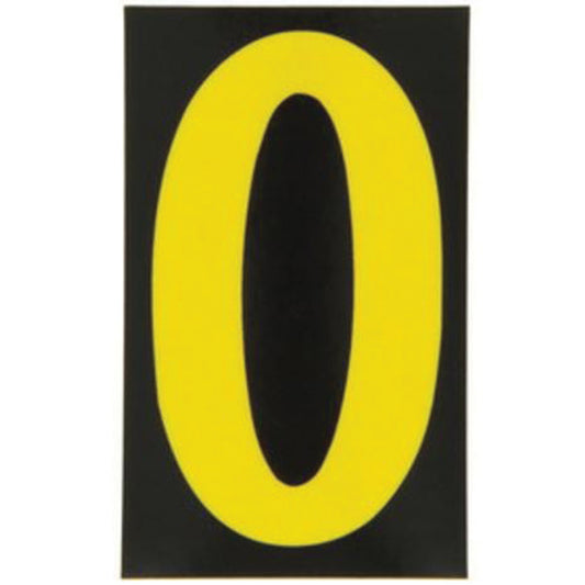 Brady Reflective Individual Number and Letter Labels, 0, 2-1/2" H, Yellow on Black