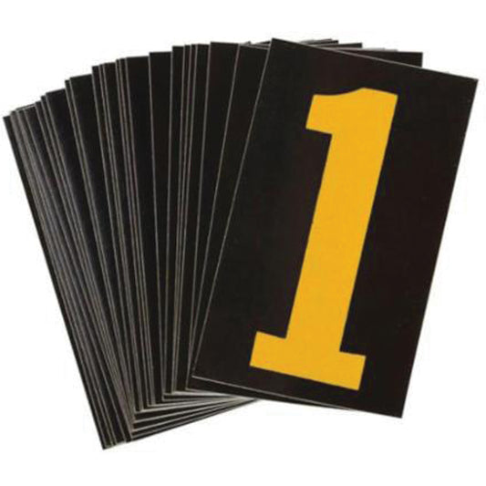 Brady Reflective Individual Number and Letter Labels, 1, 2-1/2" H, Yellow on Black