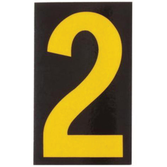Brady Reflective Individual Number and Letter Labels, 2, 2-1/2" H, Yellow on Black