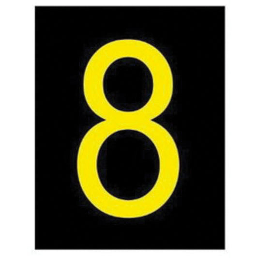 Brady Reflective Individual Number and Letter Labels, 8, 2-1/2" H, Yellow on Black