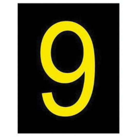Brady Reflective Individual Number and Letter Labels, 9, 2-1/2" H, Yellow on Black