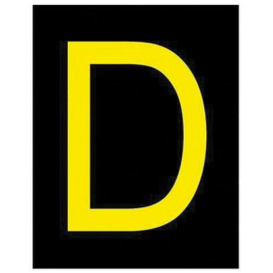 Brady Reflective Individual Number and Letter Labels, D, 2-1/2" H, Yellow on Black