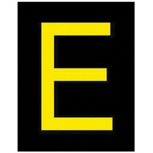 Brady Reflective Individual Number and Letter Labels, E, 2-1/2" H, Yellow on Black