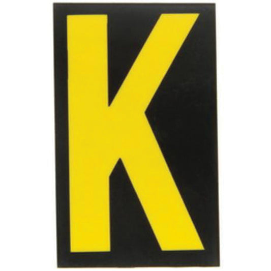 Brady Reflective Individual Number and Letter Labels, K, 2-1/2" H, Yellow on Black