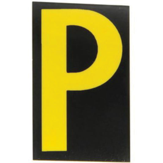 Brady Reflective Individual Number & Letter Labels, P, 2-1/2" H, Yellow on Black