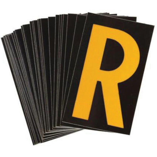 Brady Reflective Individual Number & Letter Labels, R, 2-1/2" H, Yellow on Black