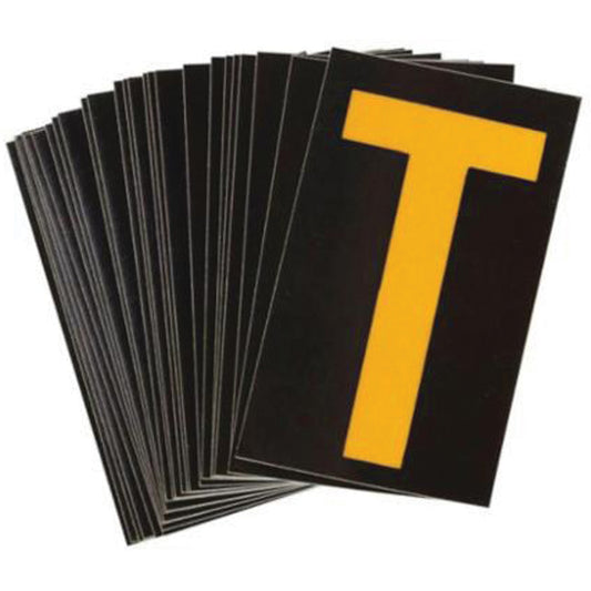 Brady Reflective Individual Number & Letter Labels, T, 2-1/2" H, Yellow on Black