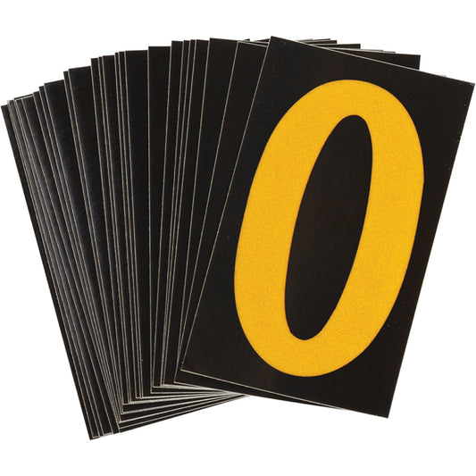 Brady Reflective Individual Number and Letter Labels, 0, 1-1/2" H, Yellow on Black