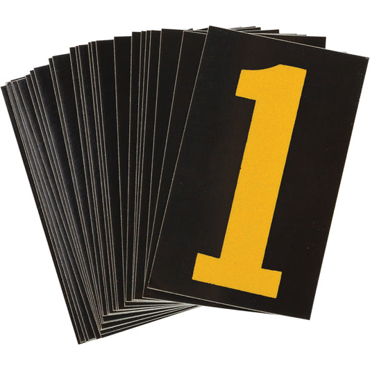Brady Reflective Individual Number and Letter Labels, 1, 1-1/2" H, Yellow on Black