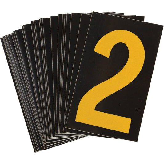 Brady Reflective Individual Number and Letter Labels, 2, 1-1/2" H, Yellow on Black