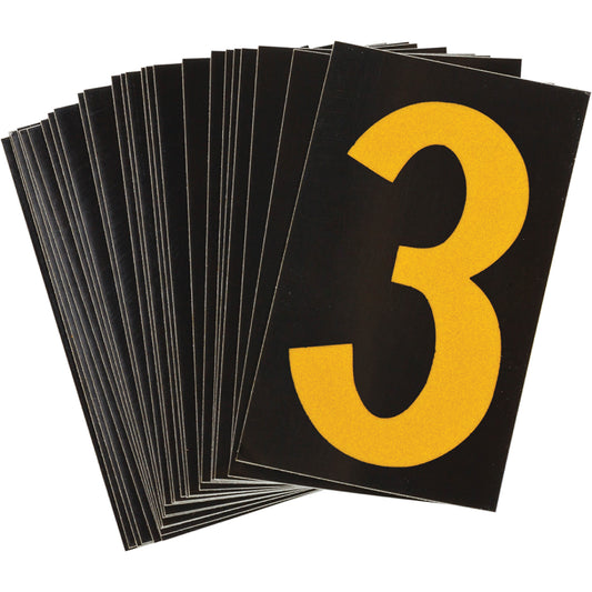 Brady Reflective Individual Number and Letter Labels, 3, 1-1/2" H, Yellow on Black