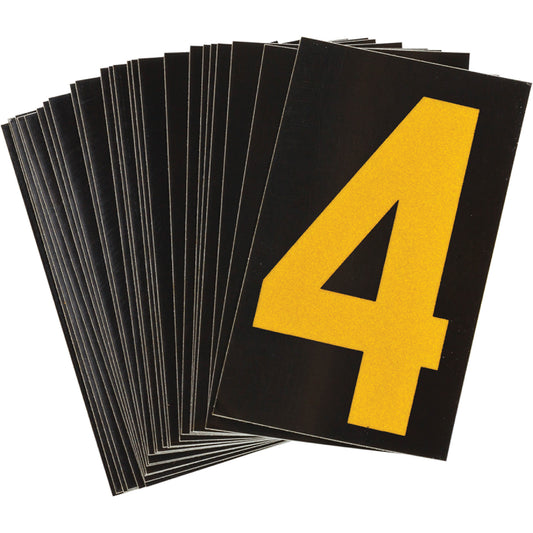 Brady Reflective Individual Number and Letter Labels, 4, 1-1/2" H, Yellow on Black