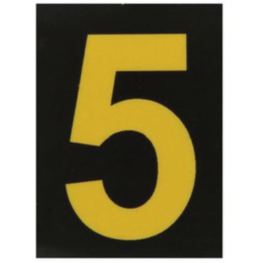 Brady Reflective Individual Number and Letter Labels, 5, 1-1/2" H, Yellow on Black