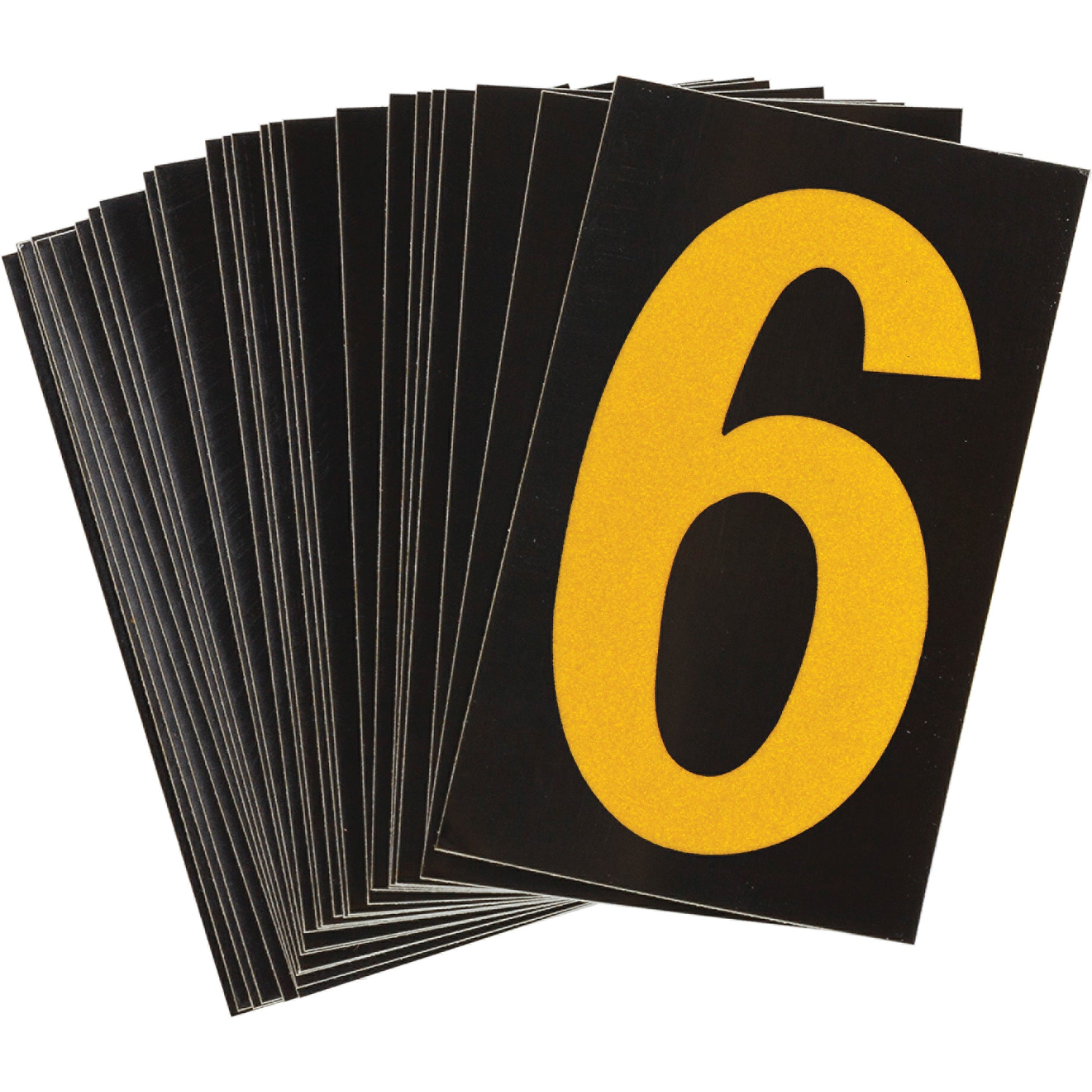 Brady Reflective Individual Number and Letter Labels, 6, 1-1/2" H, Yellow on Black
