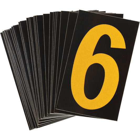 Brady Reflective Individual Number and Letter Labels, 6, 1-1/2" H, Yellow on Black