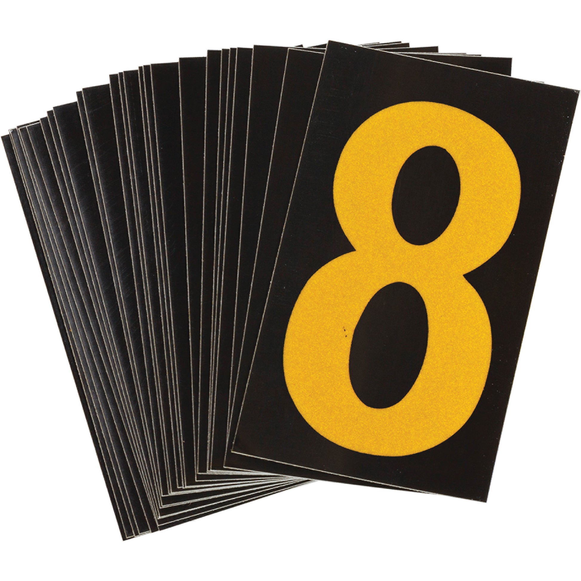 Brady Reflective Individual Number and Letter Labels, 8, 1-1/2" H, Yellow on Black