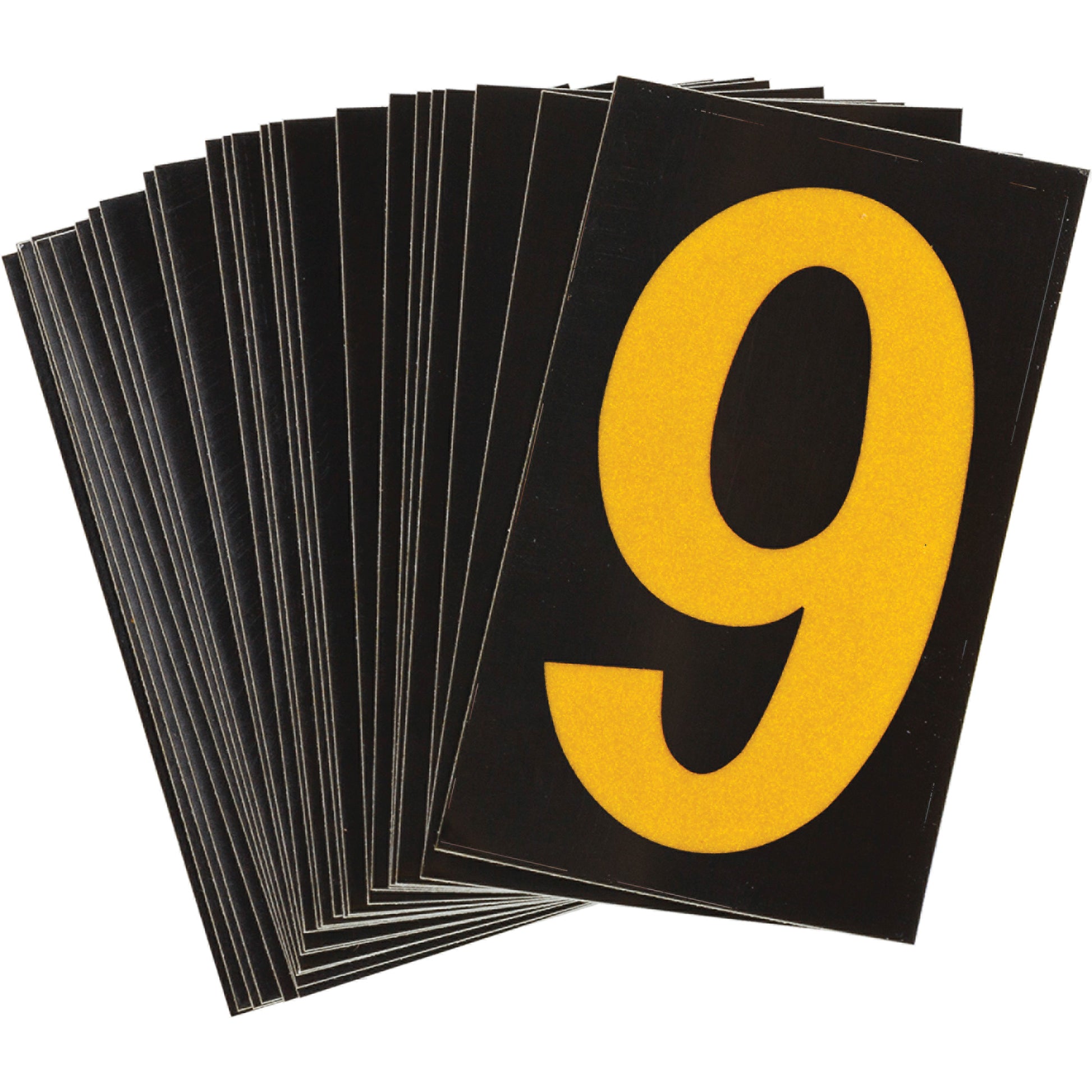 Brady Reflective Individual Number and Letter Labels, 9, 1-1/2" H, Yellow on Black