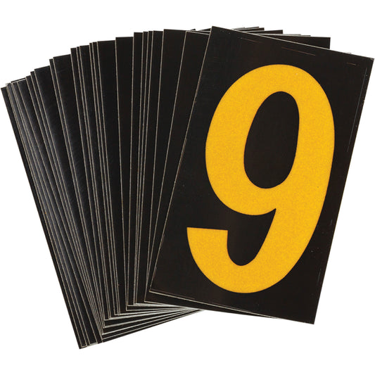Brady Reflective Individual Number and Letter Labels, 9, 1-1/2" H, Yellow on Black