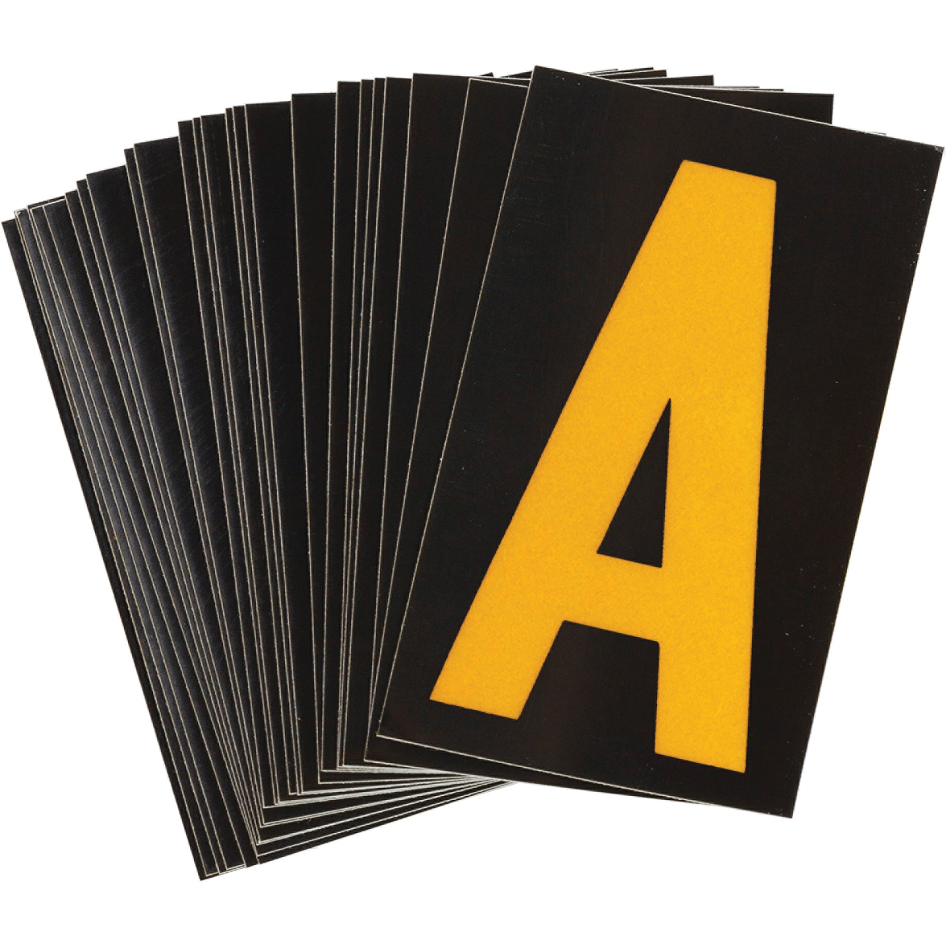Brady Reflective Individual Number and Letter Labels, A, 1-1/2" H, Yellow on Black
