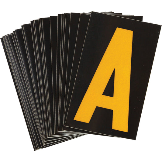 Brady Reflective Individual Number and Letter Labels, A, 1-1/2" H, Yellow on Black