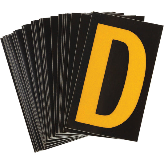 Brady Reflective Individual Number and Letter Labels, D, 1-1/2" H, Yellow on Black
