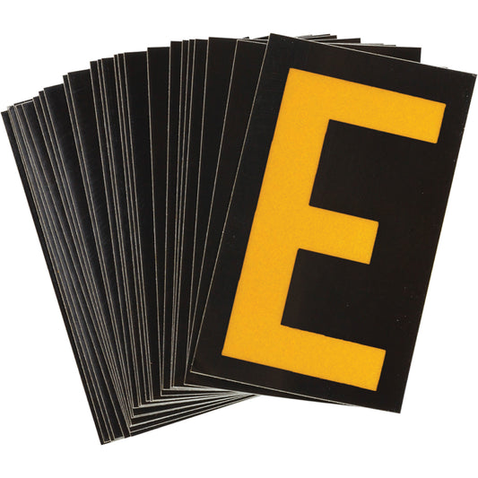 Brady Reflective Individual Number and Letter Labels, E, 1-1/2" H, Yellow on Black