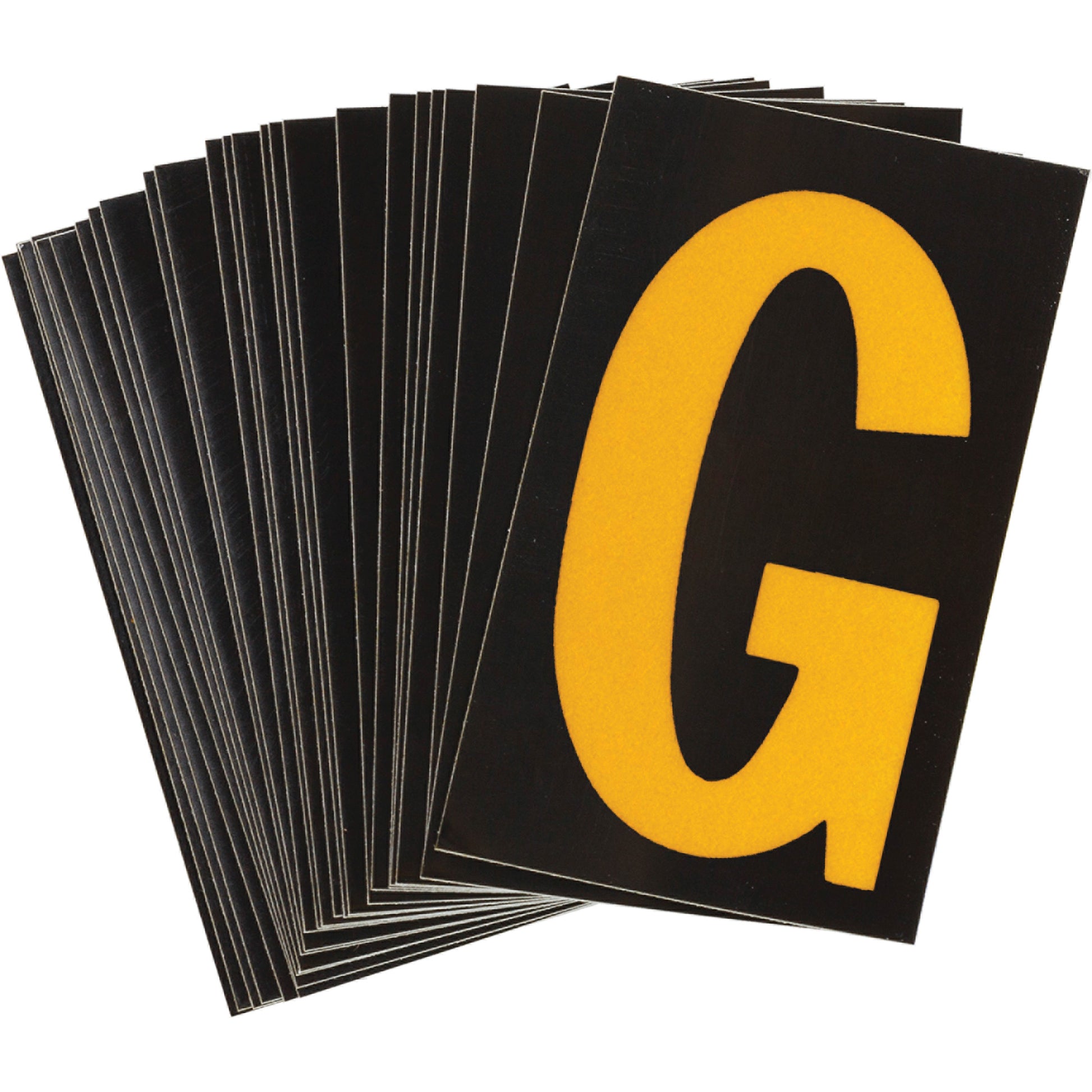 Brady Reflective Individual Number and Letter Labels, G, 1-1/2" H, Yellow on Black