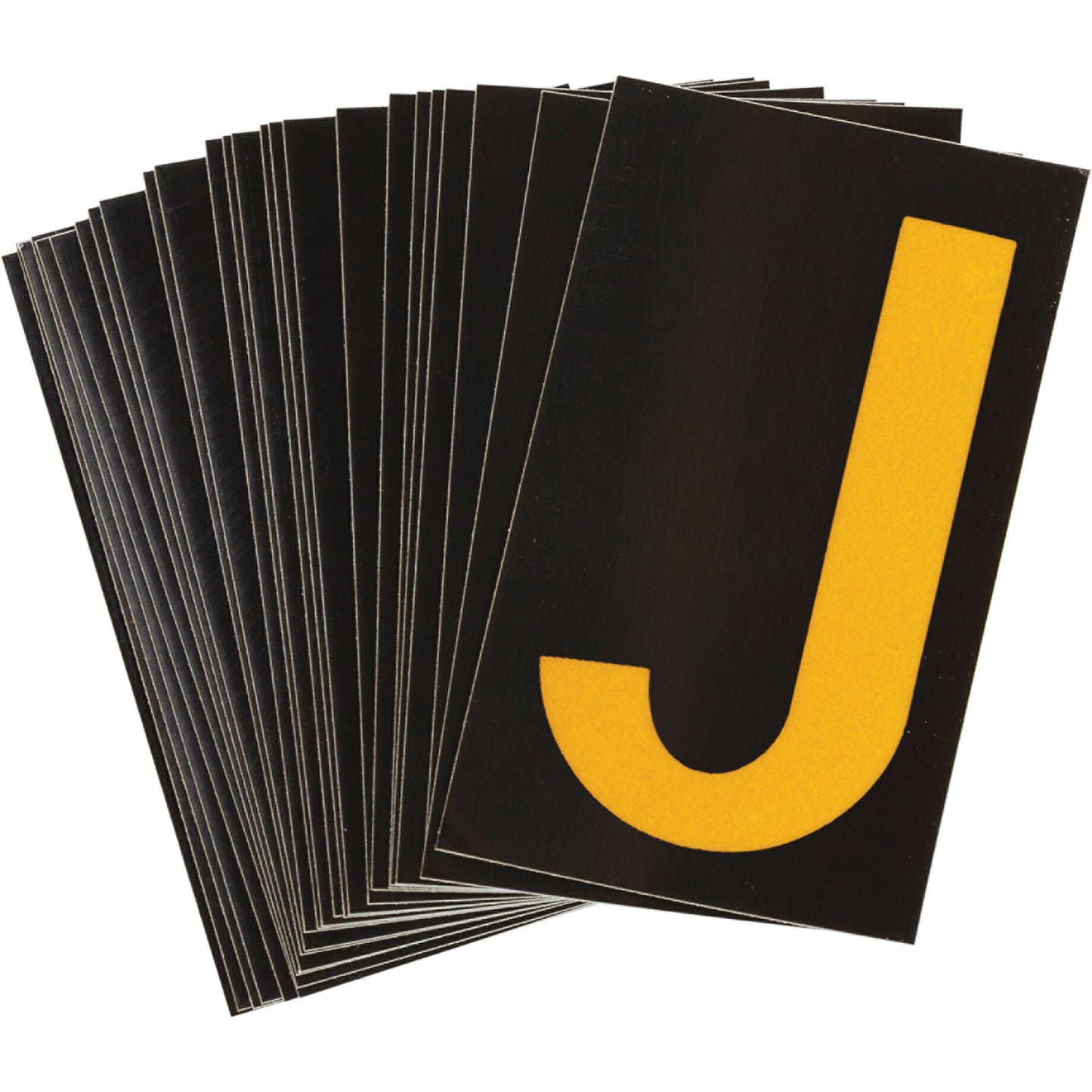 Brady Reflective Individual Number and Letter Labels, J, 1-1/2" H, Yellow on Black