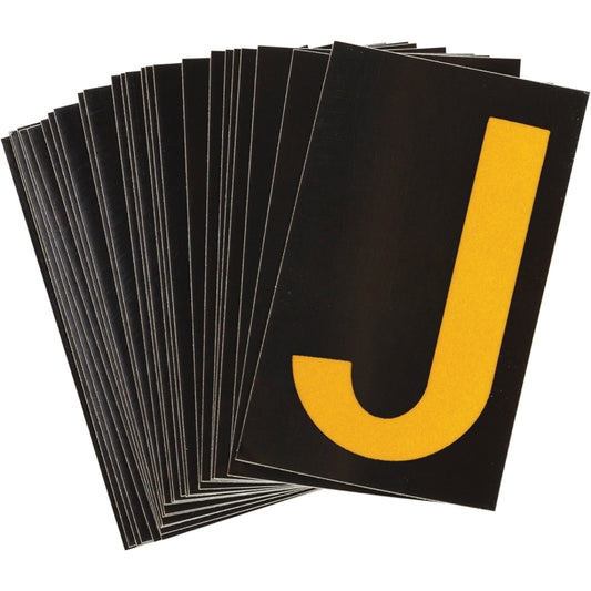 Brady Reflective Individual Number and Letter Labels, J, 1-1/2" H, Yellow on Black