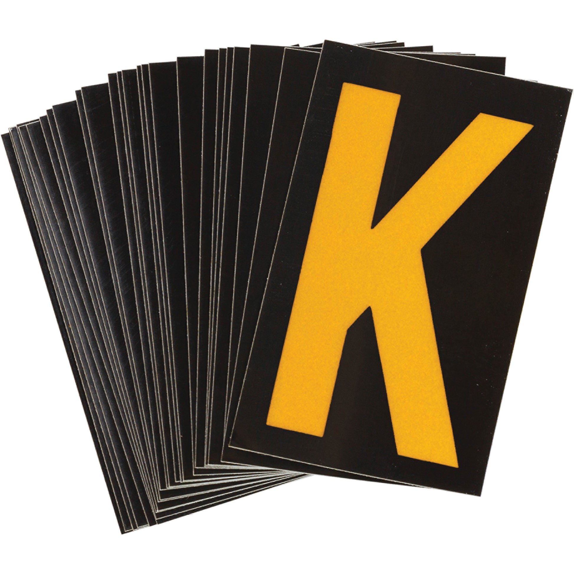 Brady Reflective Individual Number and Letter Labels, K, 1-1/2" H, Yellow on Black