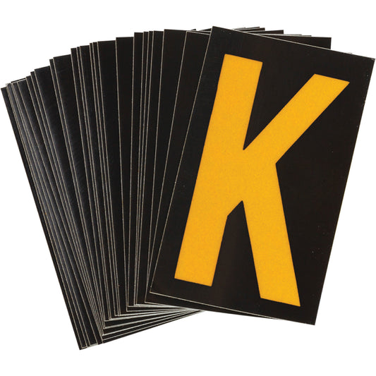 Brady Reflective Individual Number and Letter Labels, K, 1-1/2" H, Yellow on Black