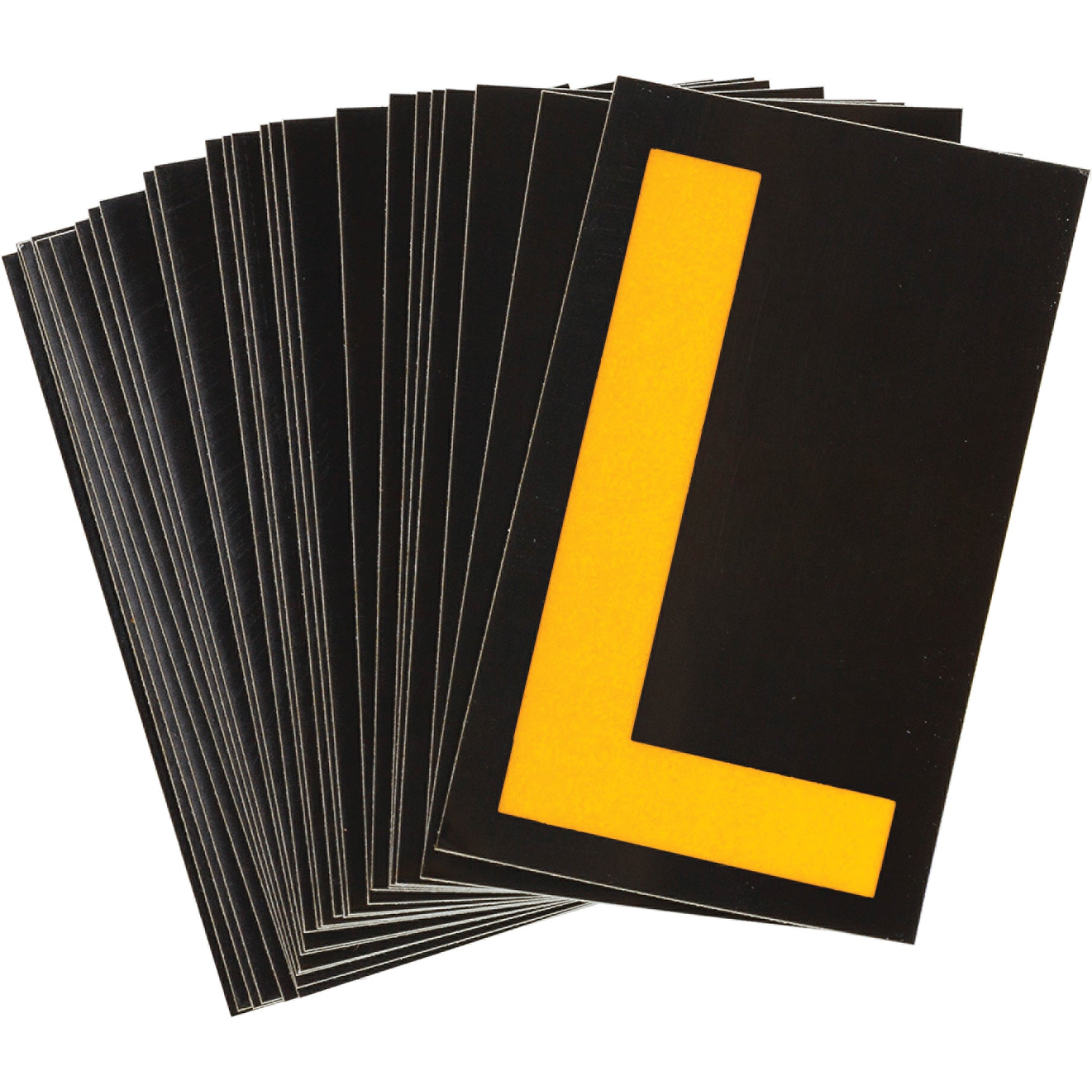 Brady Reflective Individual Number and Letter Labels, L, 1-1/2" H, Yellow on Black