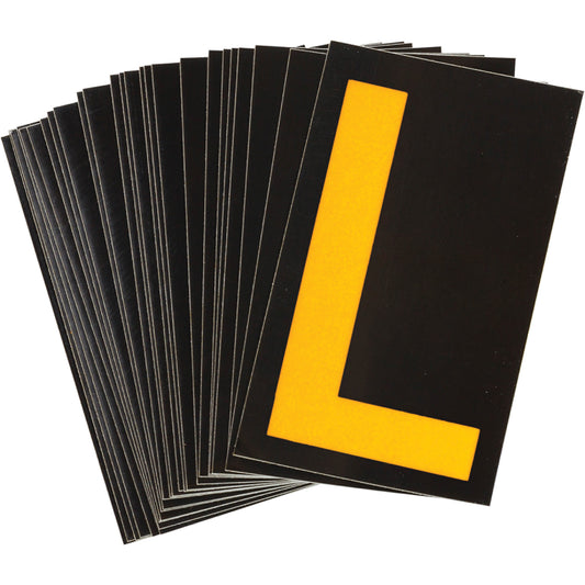 Brady Reflective Individual Number and Letter Labels, L, 1-1/2" H, Yellow on Black