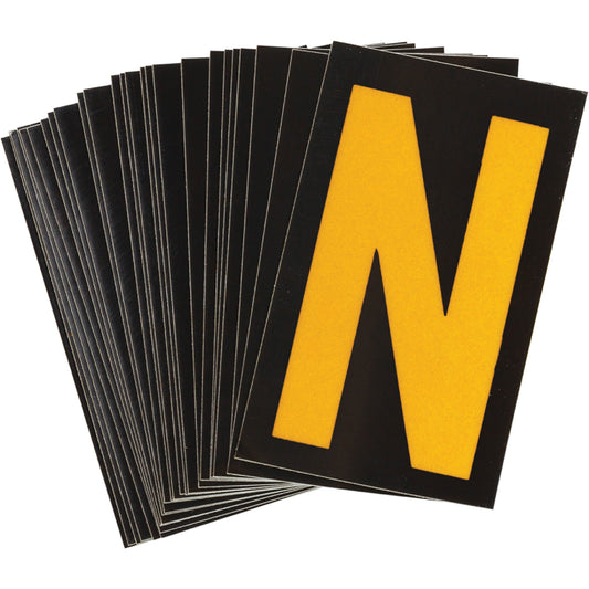 Brady Reflective Individual Number & Letter Labels, N, 1-1/2" H, Yellow on Black