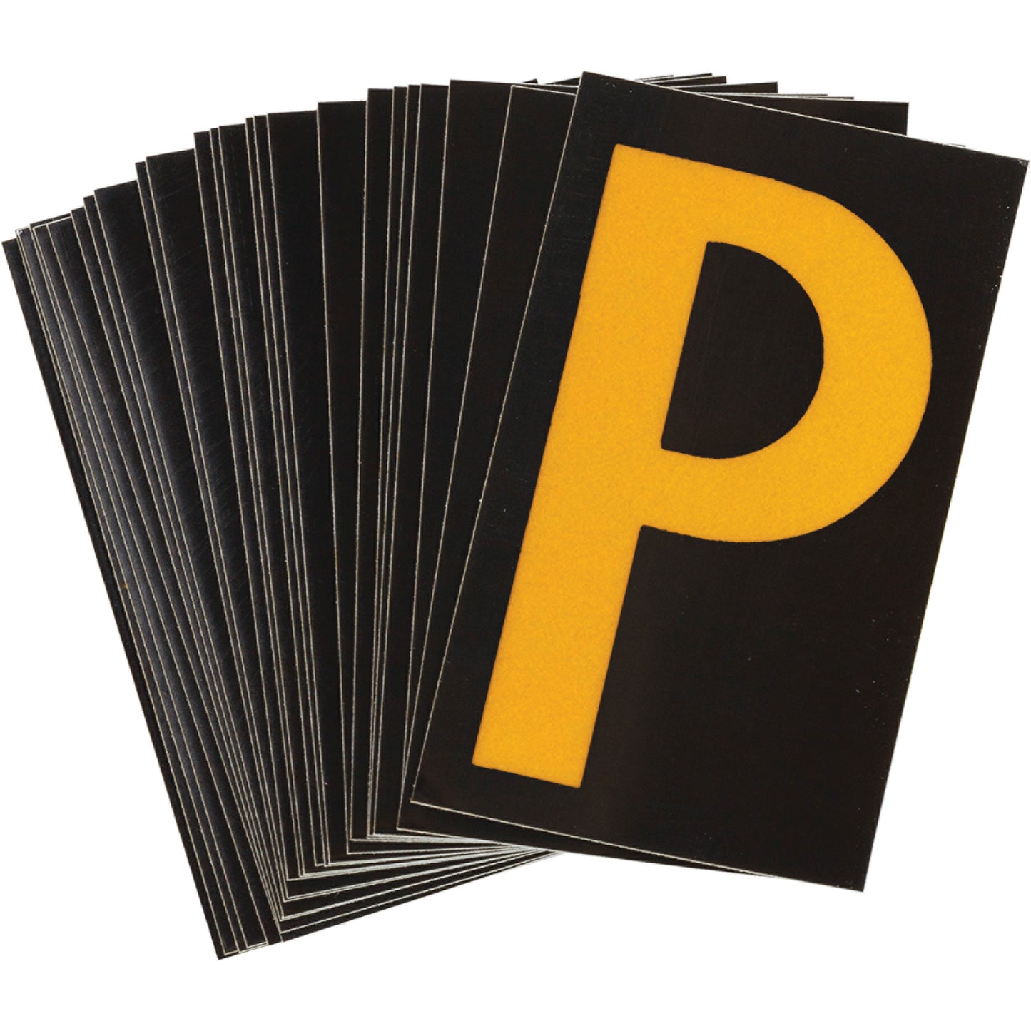 Brady Reflective Individual Number & Letter Labels, P, 1-1/2" H, Yellow on Black