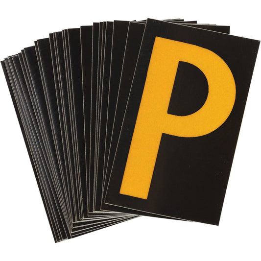 Brady Reflective Individual Number & Letter Labels, P, 1-1/2" H, Yellow on Black