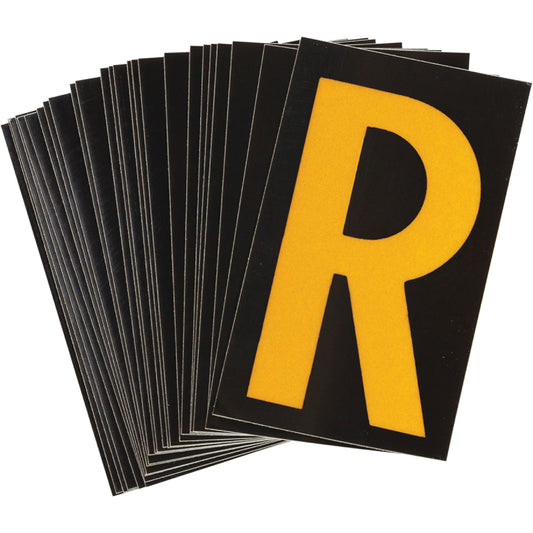 Brady Reflective Individual Number & Letter Labels, R, 1-1/2" H, Yellow on Black