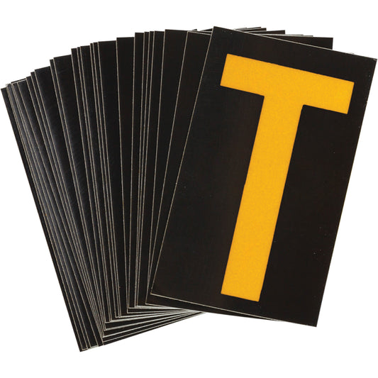 Brady Reflective Individual Number & Letter Labels, T, 1-1/2" H, Yellow on Black